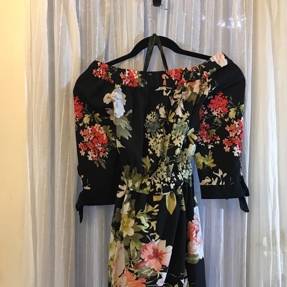 eShakti Floral Crepe Off The Shoulder Maxi Dress With Pockets Size 10